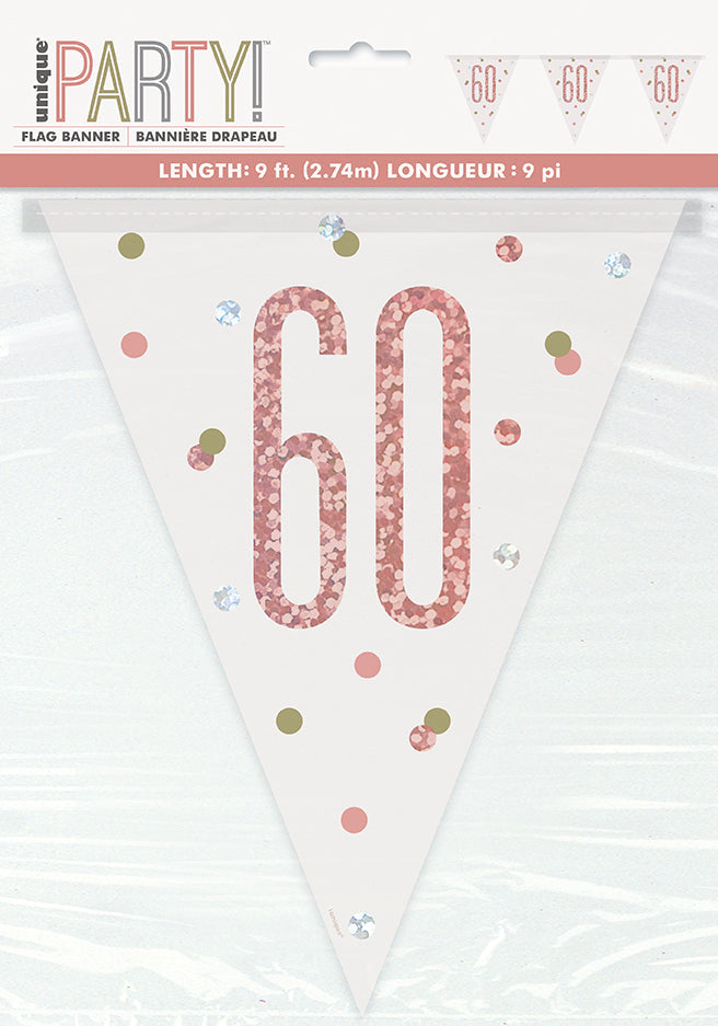 Bannière 9 pi drapeau motif numéro 30 à 90 en plastique or rose