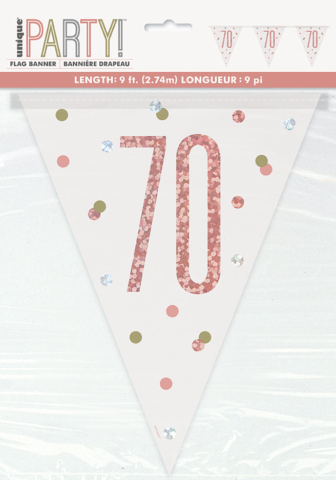 Bannière 9 pi drapeau motif numéro 30 à 90 en plastique or rose