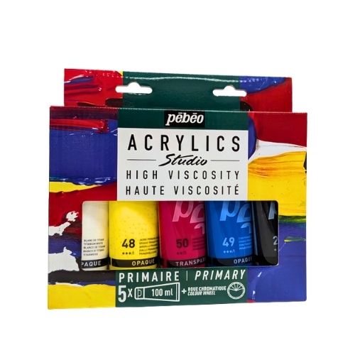 Pébéo ensemble de peinture acrylique couleur primaire + roue chromatique (5 paquet de 100 ml)