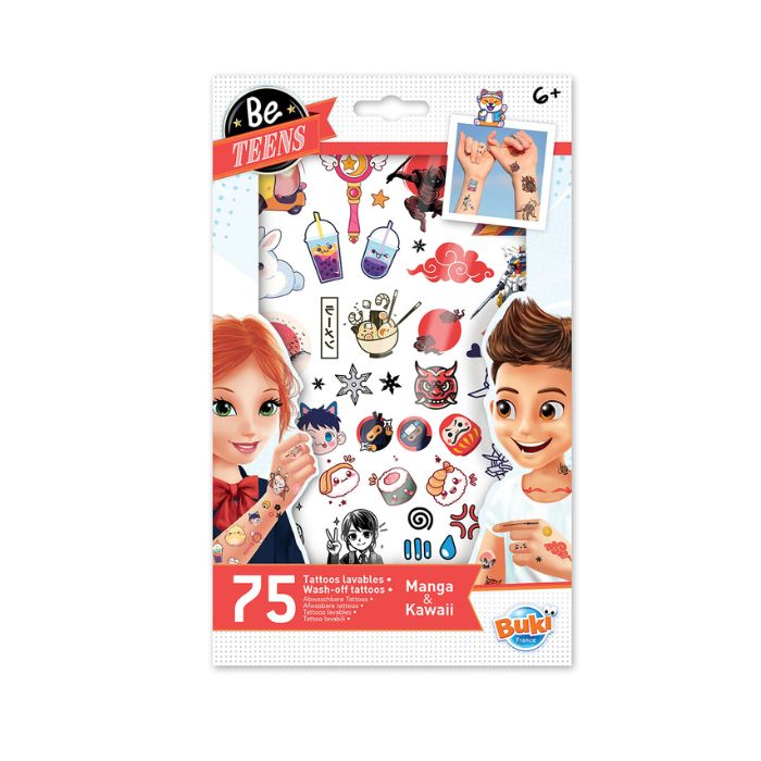 Tatouages lavables Buki Be Teens Manga et Kawaii (6 ans et plus, 75 morceaux)