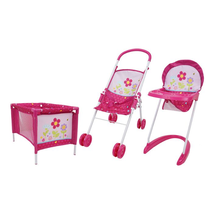 Ensemble pour poupées rose (poussette, parc et chaise haute)