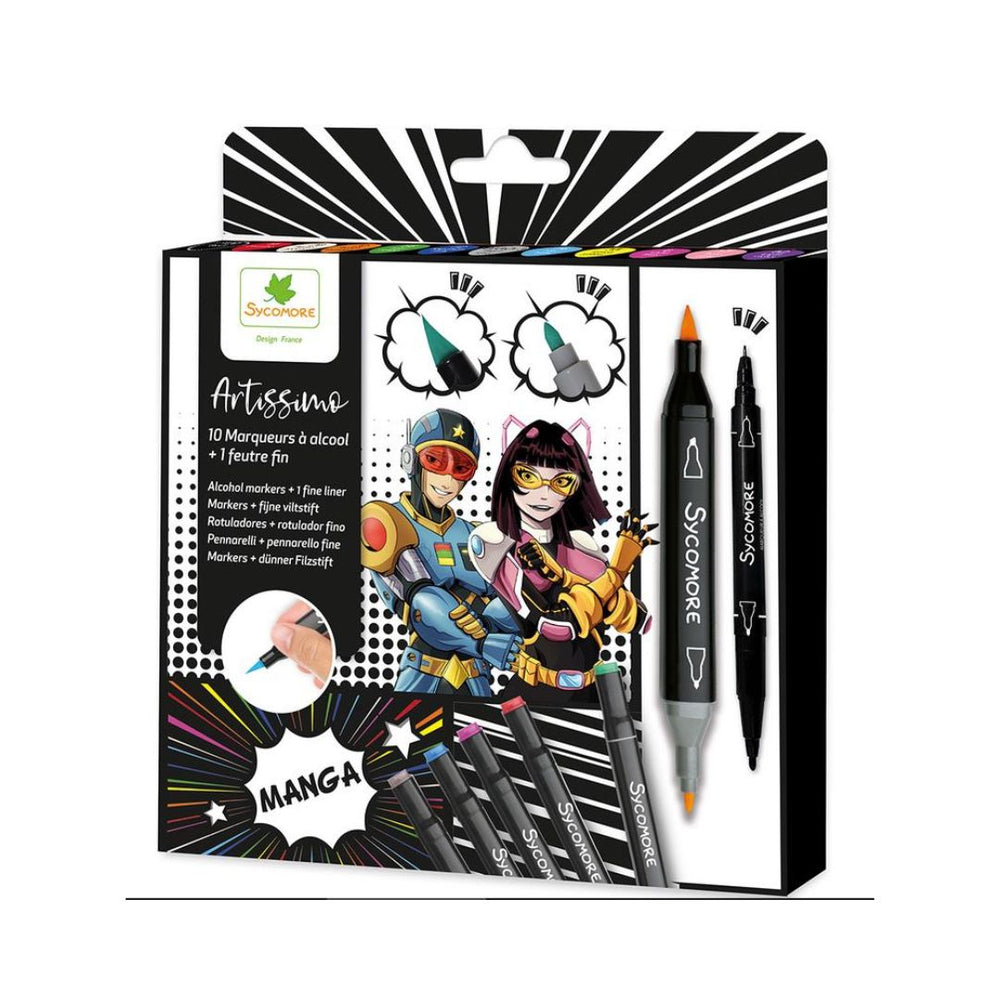 Ensemble de 10 marqueurs à l'alcool et 1 feutre fin Manga (10 ans et +)