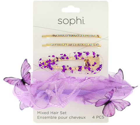 Élastique et barrette clip à cheveux papillon mauve Sophi