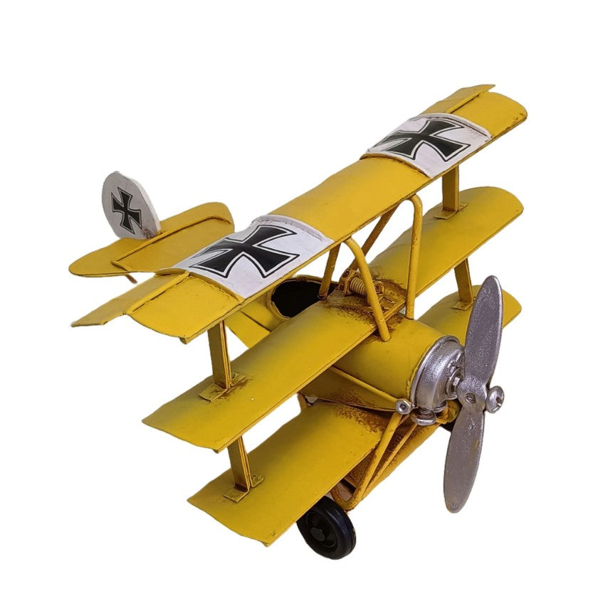 Avion triplan vintage en métal 6,25 po x 6 po x 3,25 po jaune