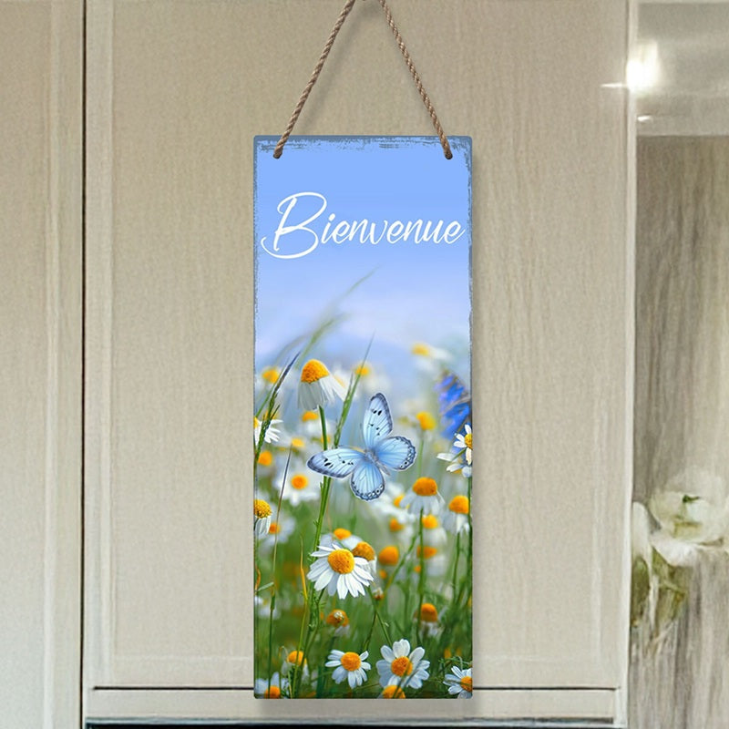 Plaque en métal 7 po x 18 po "Bienvenue" fleurs et papillon