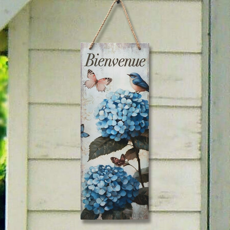 Plaque en métal 7 po x 18 po "Bienvenue" hydrangées et oiseau