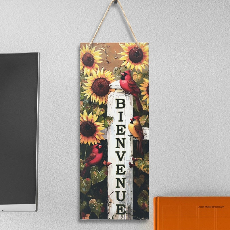Plaque en métal 7 po x 18 po "Bienvenue" avec tournesols et cardinaux