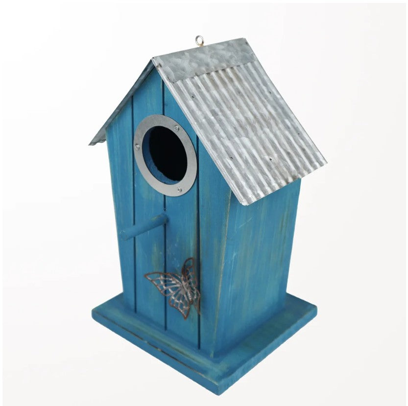 Maison d'oiseau 7 po x 5,5 po x 10 po en bois bleu et toit en tôle