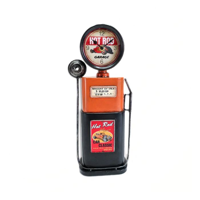 Horloge pompe à essence "hot rod" 6 po x 14 po noir et orange