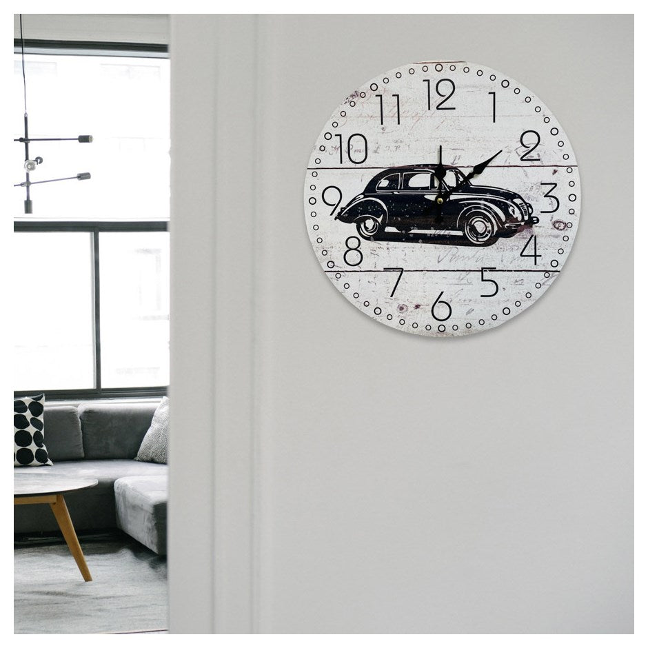 Horloge 13 po ronde blanche avec voiture