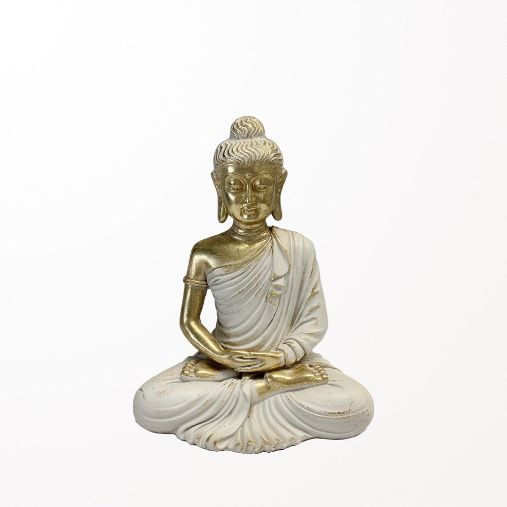 Bouddha assis 5,5 po x 3,25 po x 7 po doré et blanc