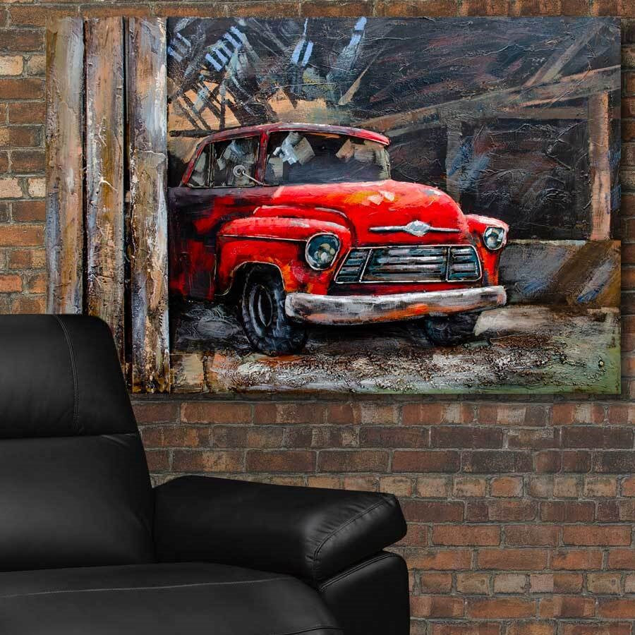 Tableau 47 po x 31 po en métal et bois camion rouge