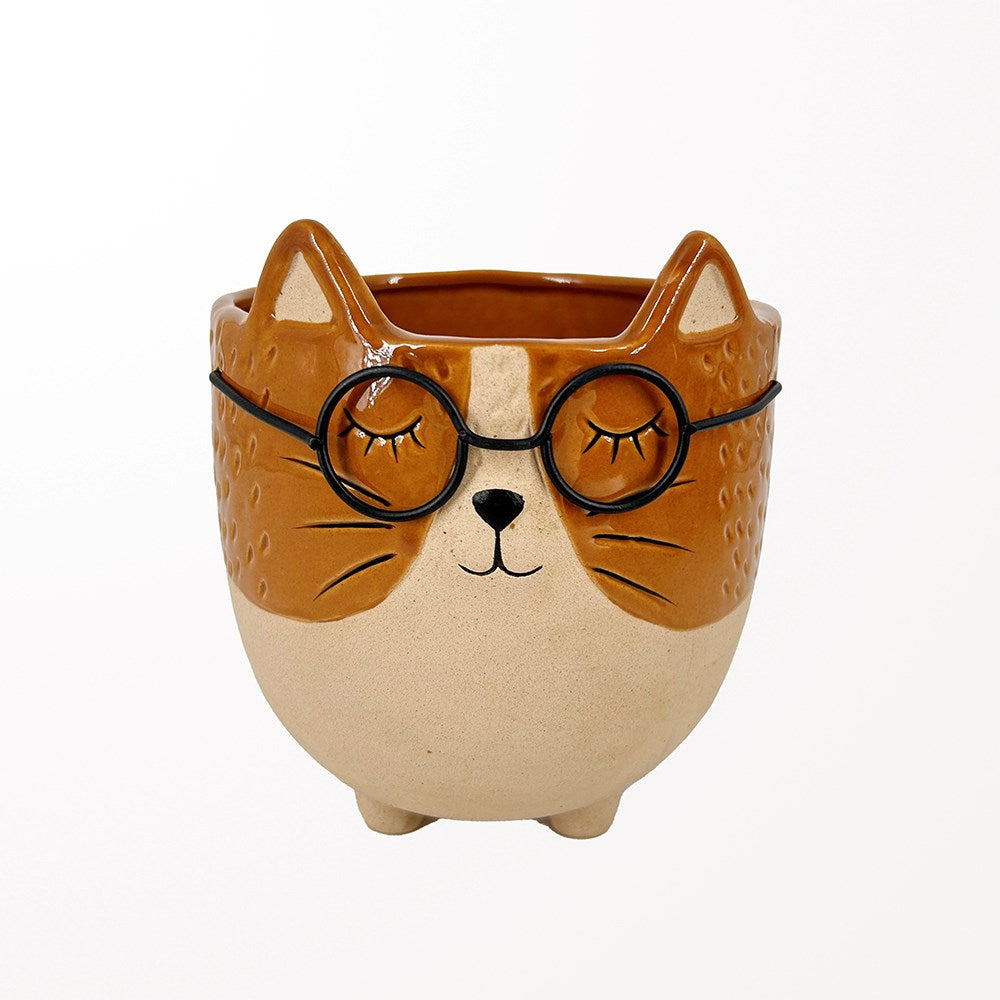 Cache-pot chat avec lunette 5 po x 5 po x 6 po orangé