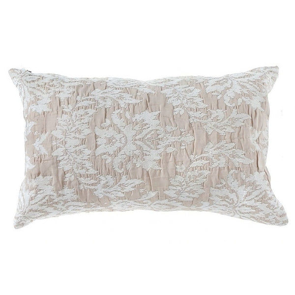 Coussin 16 po x 26 po tissu froissé beige avec motifs blancs