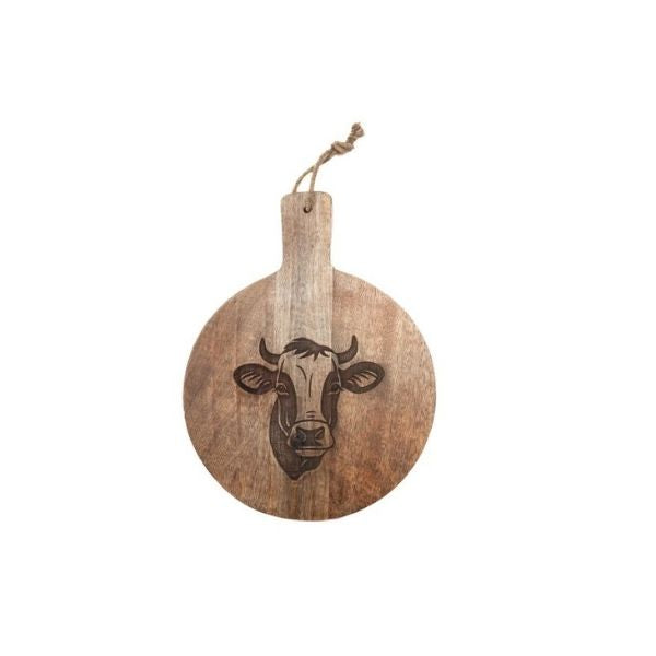 Planche à fromage 10 po en bois de manguier avec gravure de vache