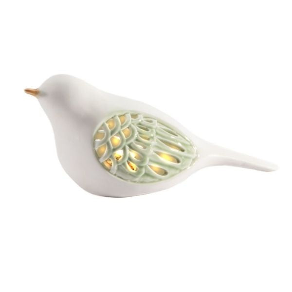 Oiseau décoratif 7,5 po x 3 po x 3,4 po DEL en porcelaine blanche et verte