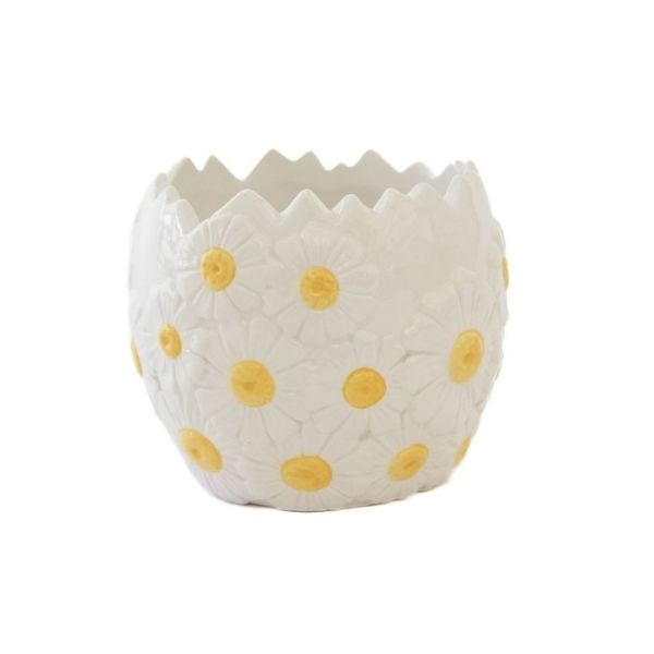Cache-pot 4,75 po x 4 po blanc avec motifs de marguerites