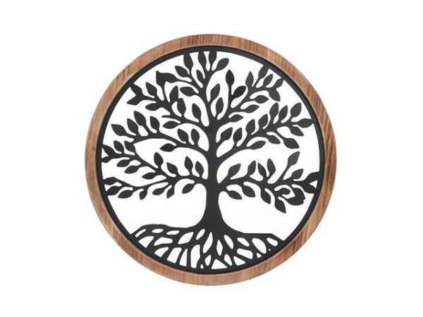 Plaque murale en métal et bois 16 po arbre de vie