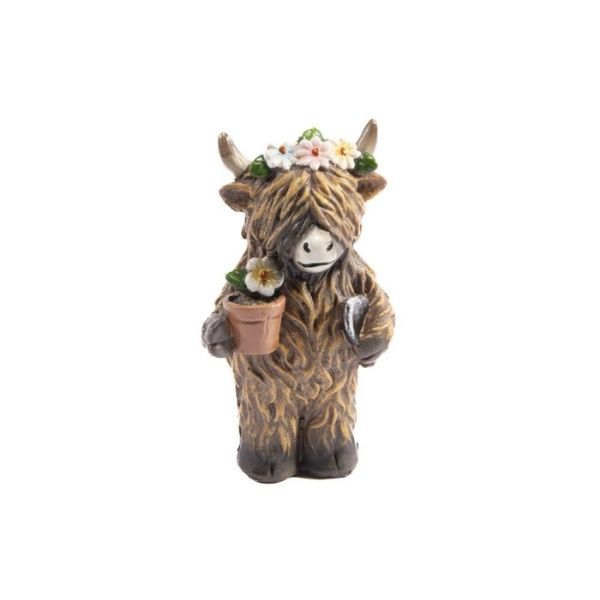 Vache Highland décorative 2 po x 1 po x 4 po en résine avec pot de fleurs