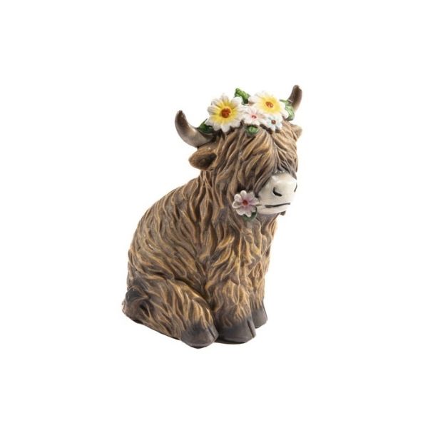 Vache Highland décorative 5,9 po x 4,5 po x 7,8 po en résine avec couronne de fleurs