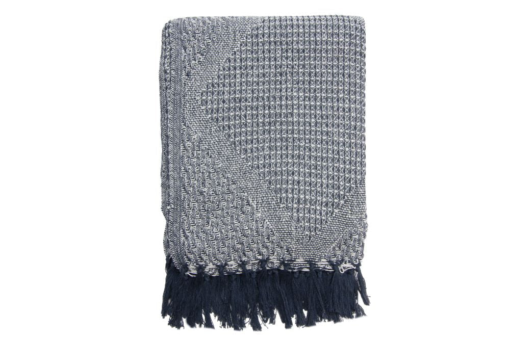 Jeté 50 po x 60 po en coton blanc et marine