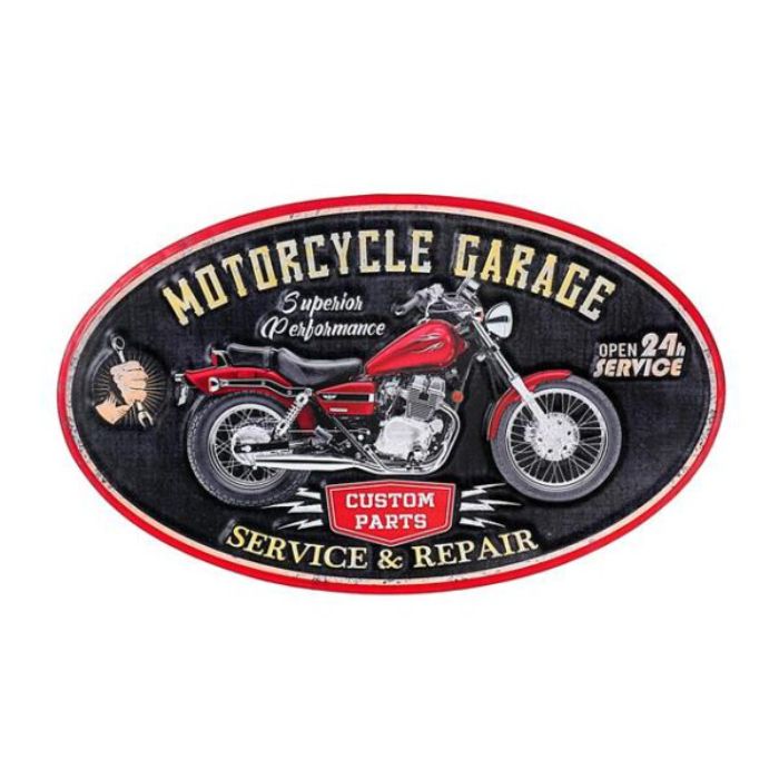 Plaque murale en métal ovale 20 po x 12 po "motorcycle garage"