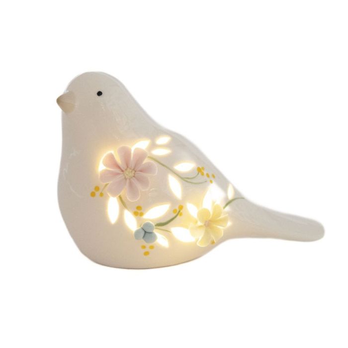 Oiseau décoratif 6 po x 4 po DEL en porcelaine avec motif floral