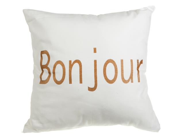 Coussin 18 po x 18 po blanc Bonjour doré