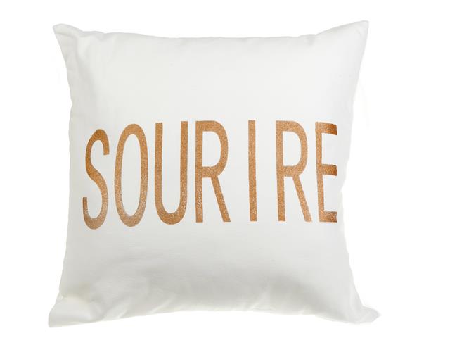 Coussin 18 po x 18 po blanc sourire doré