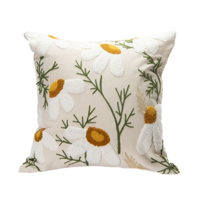 Coussin 18 po x 18 po beige brodé de marguerites