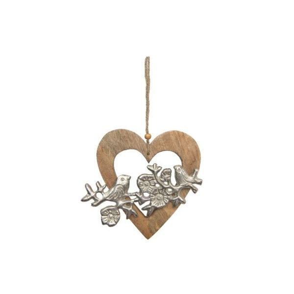 Oiseau décoratif en métal sur un coeur en bois 6,9 po x 5,9 po x 1 po à suspendre
