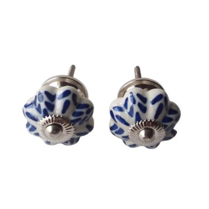 Poignée d'armoire en céramique 1,75 po blanche avec motif bleu (paquet de 2)