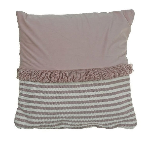 Coussin 18 po x 18 po rose avec frange et rayure rose et crème