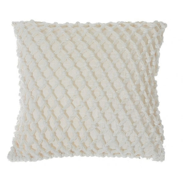 Coussin 18 po x 18 po en coton ivoire avec nœuds noués façon macramé