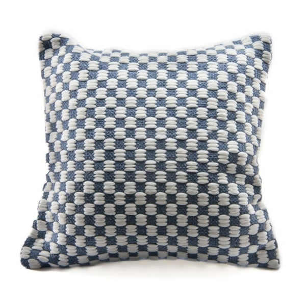 Coussin 18 po x 18 po en coton tissé carrelé bleu et blanc