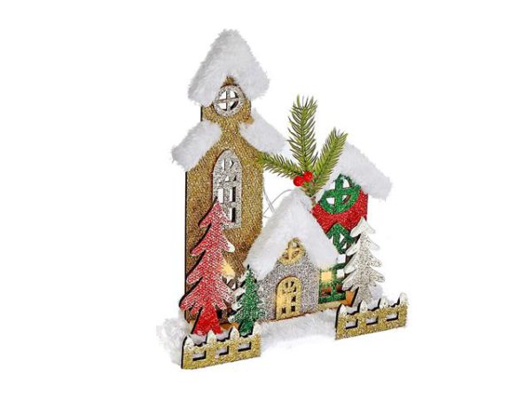 Maisons enneigées en bois avec brillants 9 po x 13 po DEL
