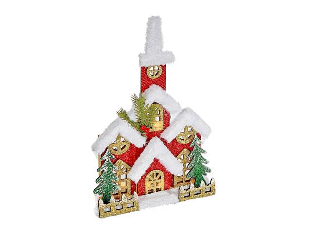 Église enneigée en bois avec brillants DEL 10 po x 15 po