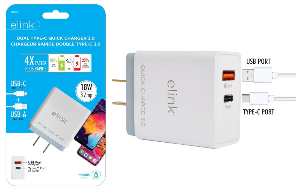 Chargeur mural avec 1 port USB-A et 1 port USB-C (4x plus rapide)