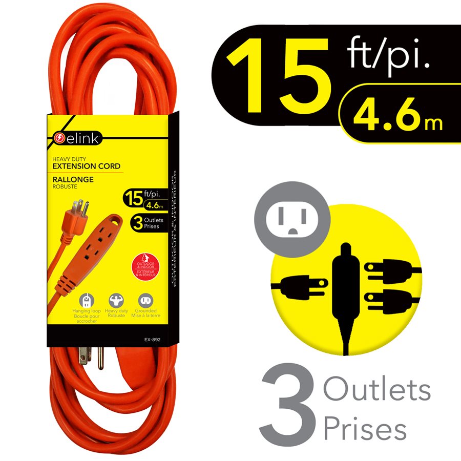 Rallonge électrique 15 pi pour extérieur 3 prises mise à la terre orange