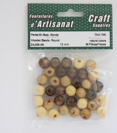 Perle en bois 12 mm rond brun naturel (paquet de 36)