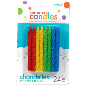 Chandelle d'anniversaire large spirale brillante couleurs primaires (paquet de 24)