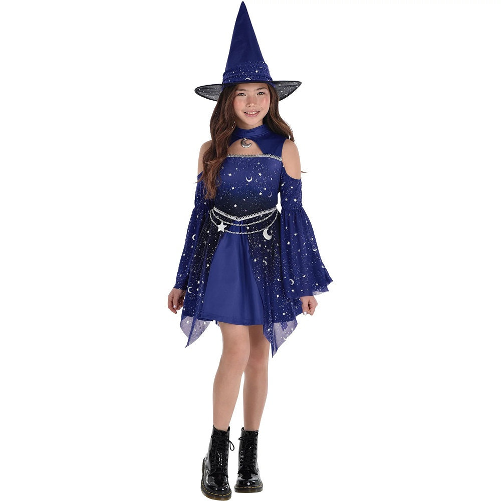 Costume enfant sorcière robe mauve avec motifs de lunes et d'étoiles