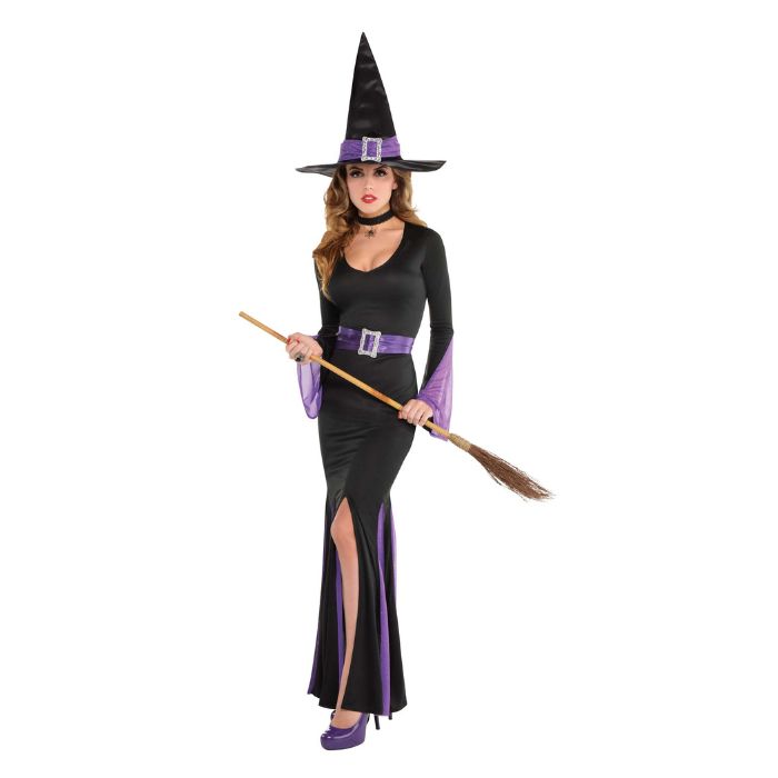 Costume femme sorcière robe noire et mauve