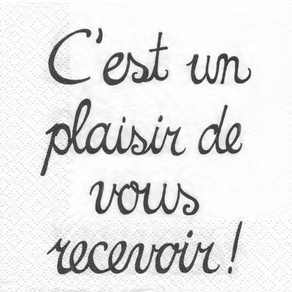 Serviette de table en papier blanc C'est un plasir de vous recevoir! (paquet de 12)