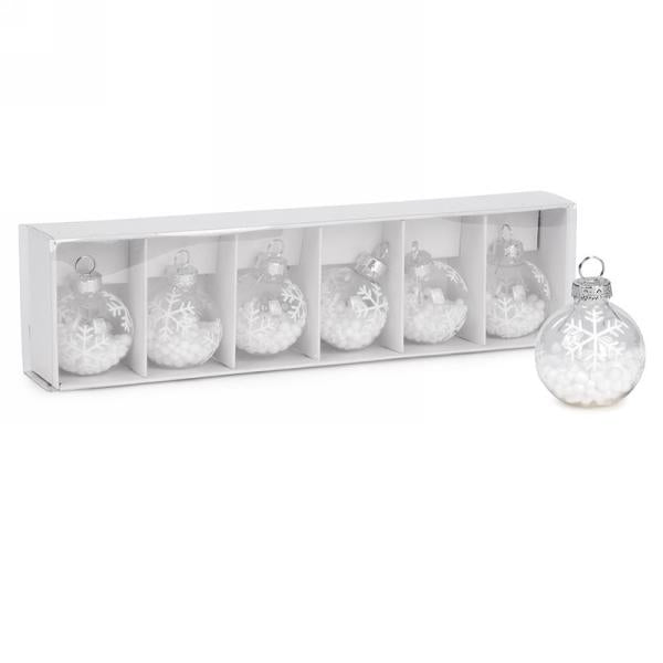 Marque-place en boule de Noël 2 po clair avec flocons (paquet de 6)
