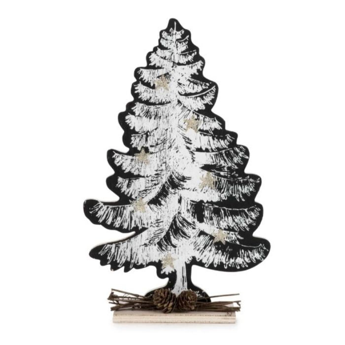 Sapin en bois noir et blanc avec pomme de pin