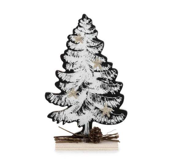 Sapin en bois noir et blanc avec pomme de pin