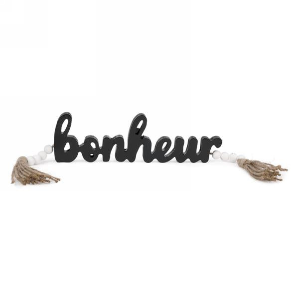 Décoration "Bonheur" noir avec billes en bois 9 po x 3 po