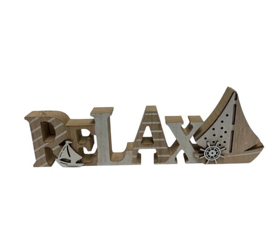 Déco en bois blanc et naturel "Relax" 11,5 po x 4 po avec voiliers