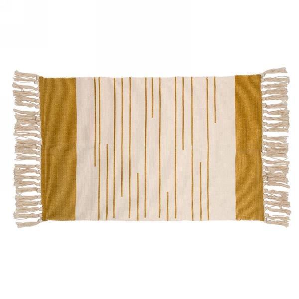 Tapis 23 po x 42 po beige avec des motifs lignés jaune moutarde